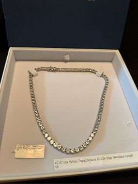 Sterling Silver Tennis Necklace with White Topaz Stones 16”